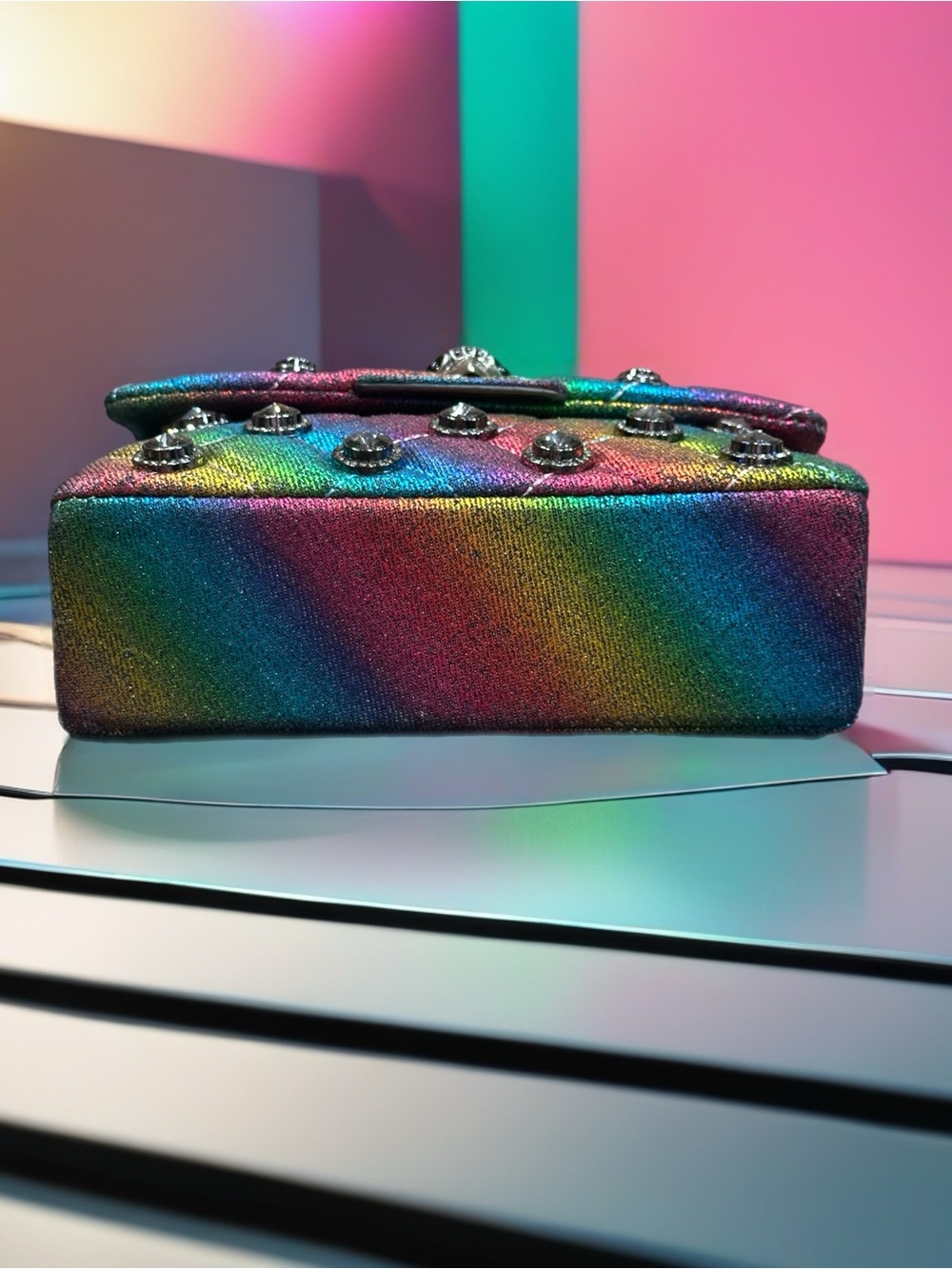 Kurt Geiger Denim Metallic Rainbow Quilted 2 Way Bag W/crystal Studs NWOT - Picture 5 of 10